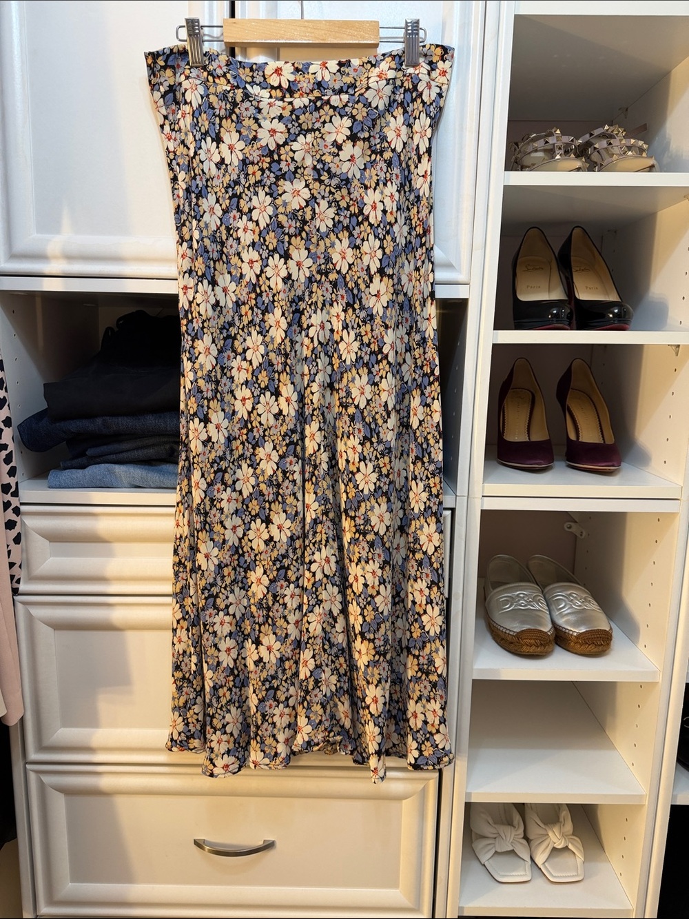 Zara Navy, Cream & Light Blue Floral Maxi Skirt